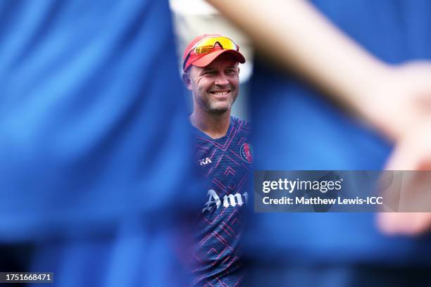 Jonathan Trott, Head Coach of Afghanistan looks on from the huddle ahead of the ICC Men's Cricket World Cup India 2023 between Pakistan and...