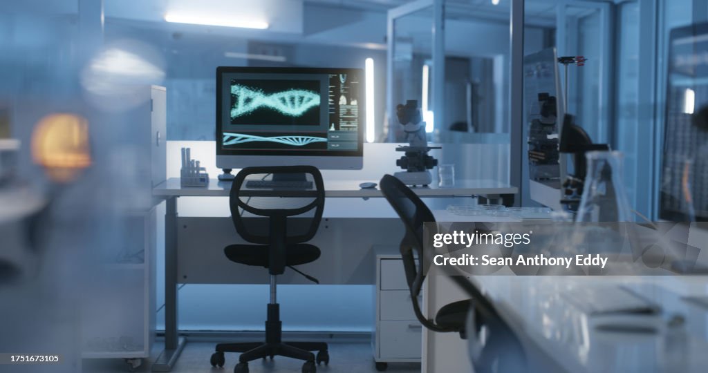 Computer, science or empty laboratory for dna investigation, analytics research or medical study. Background, microbiology equipment or magnifying tools for test, medicine innovation or virus genes