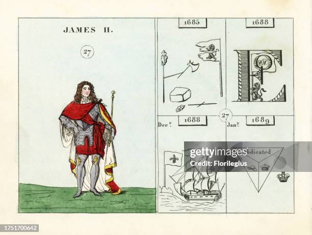 Portrait of King James II of England, in suit of armor, mantle and sash, holding a sceptre. Emblems indicate death of the Duke of Monmouth, landing...