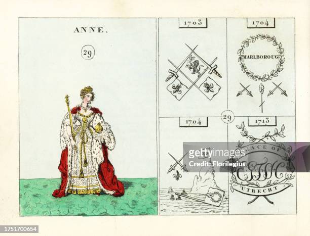 Portrait of Queen Anne of England, In crown, ermine mantle, white and gold dress, with orb and sceptre. Emblems indicate the French War, victories of...