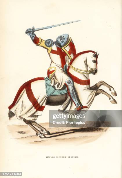 Knight of the Knights Templar in battle costume, Templier en costume de guerre. Handcoloured woodblock engraving after an illustration by Jacques...