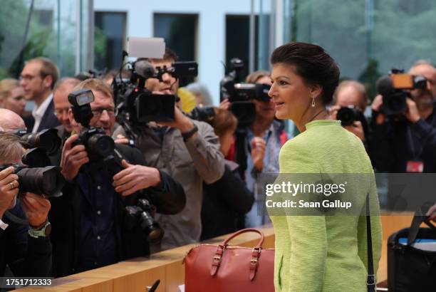 Leftist politician Sahra Wagenknecht arrives to present her BSW political alliance to the media on October 23, 2023 in Berlin, Germany. The alliance...