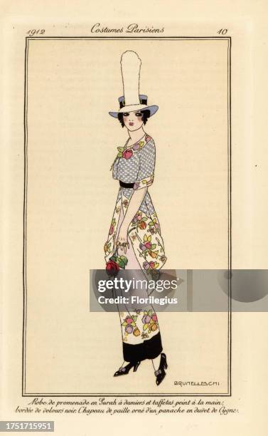 Woman in walking dress in chequerboard surah and hand-painted taffeta with a black velvet border, straw hat with swan plume. Robe de promenade en...