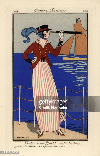Woman in yacht outfit with wool jacket, toile skirt and leather hat, holding a telescope. Costume de Yacht: veste de drap, jupe de toile, chapeau de...