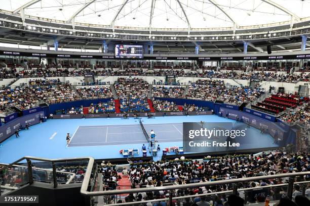 Beatriz Haddad Maia of Brazil in action against Qinwen Zheng of China in the women's singles final matches on Day 6 of the WTA Elite Trophy Zhuhai...