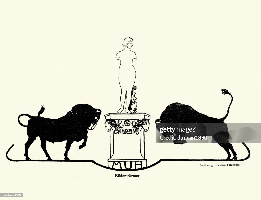 Bulls charging a statue of a Greek Goddess, Bildersturmer, iconoclast, Jugendstil, Art Nouveau, German 1890s