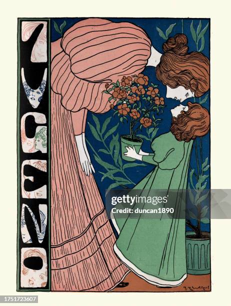 mother and daughter, rose plant, jugendstil, art nouveau., german 1890s - art nouveau stock illustrations