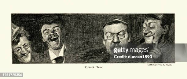 stockillustraties, clipart, cartoons en iconen met vintage illustration of laughing men, happy, graues elend, jugendstil, art nouveau, german 1890s - pince nez
