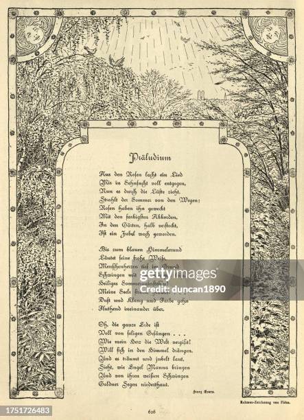 ilustraciones, imágenes clip art, dibujos animados e iconos de stock de ilustración vintage del canto de los pájaros de verano, naturaleza, jugendstil, art nouveau, alemán de la década de 1890 - graphic print