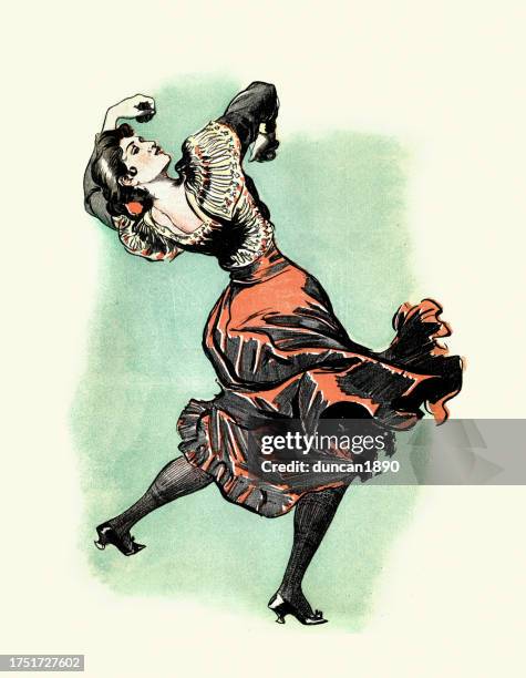 vintage illustration young woman, flamenco dancer dancing with castanets, art nouveau, spanish 1890s - castanets stock illustrations