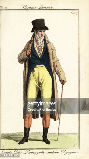 French dandy in a triple waistcoat. He wears a vicuna-colour riding coat, frock coat, yellow breeches and leather boots. Triple gilet, redingotte...