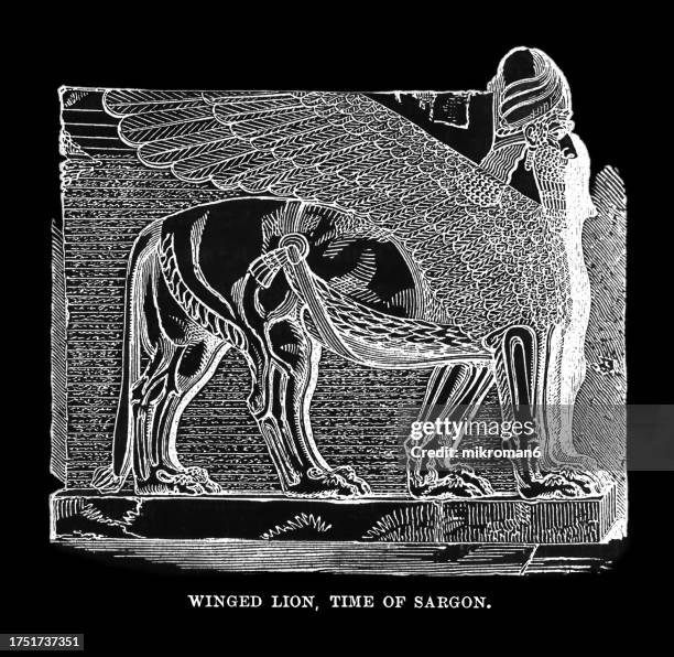 old engraved illustration of babylonian and assyrian art - a human-headed winged bull known as a lamassu from dur-sharrukin, neo-assyrian period, ca. 721–705 bc - bull statue stock pictures, royalty-free photos & images