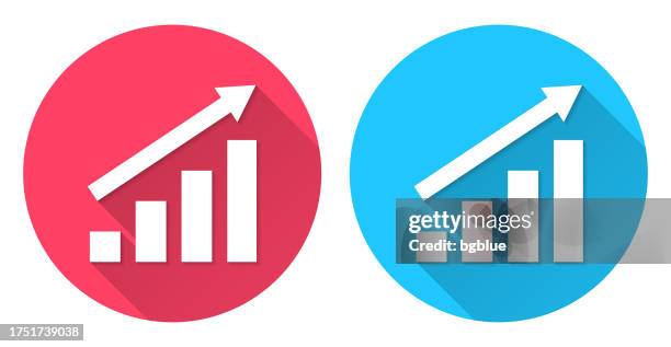 ilustraciones, imágenes clip art, dibujos animados e iconos de stock de gráfico creciente. icono redondo con sombra larga sobre fondo rojo o azul - sombra larga sombra