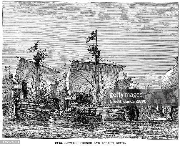 ilustraciones, imágenes clip art, dibujos animados e iconos de stock de entrenamiento naval de los buques, inglés y francés - hundred years war