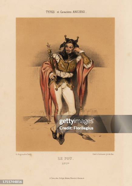 The fool or jester, le Fou, 15th century. In hat with bells, short jacket with long sleeves, two-colour hose, holding a marotte. Chromolithograph by...