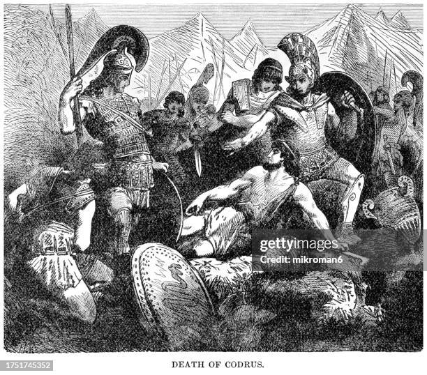 old engraved illustration of the death of codrus, last king of athens, who ruled after the dorians had conquered the peloponnese in the 11th century bc. - ancient greek culture stock pictures, royalty-free photos & images