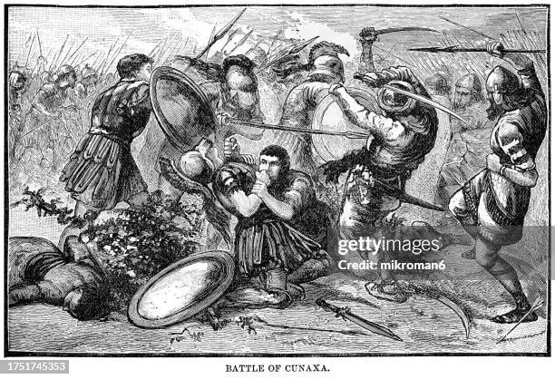 old engraved illustration of the battle of cunaxa (fought in the late summer of 401 bc) between the persian king artaxerxes ii and his brother cyrus the younger for control of the achaemenid throne - its a miracle stock pictures, royalty-free photos & images