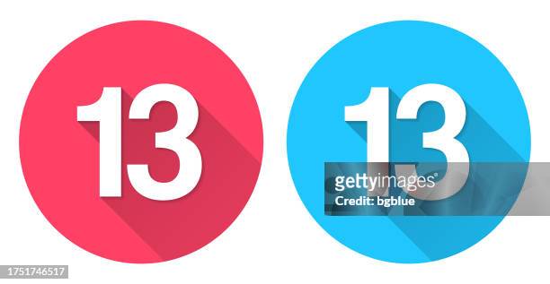 13 - number thirteen. round icon with long shadow on red or blue background - number 13 stock illustrations