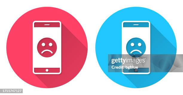 smartphone with sad emoji. round icon with long shadow on red or blue background - emoji iphone stock illustrations