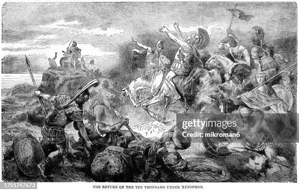 old engraved illustration of the return of the ten thousand (a force of mercenary units, mainly greeks, employed by cyrus the younger), under xenophon of athens (greek military leader, philosopher, and historian) - its a miracle stock pictures, royalty-free photos & images