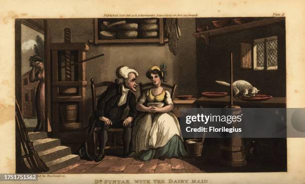 Regency parson talking with a milkmaid in a dairy. The dairy filled with milk pales, butter churns, cheese press, bowls. Dr. Syntax with the dairy...