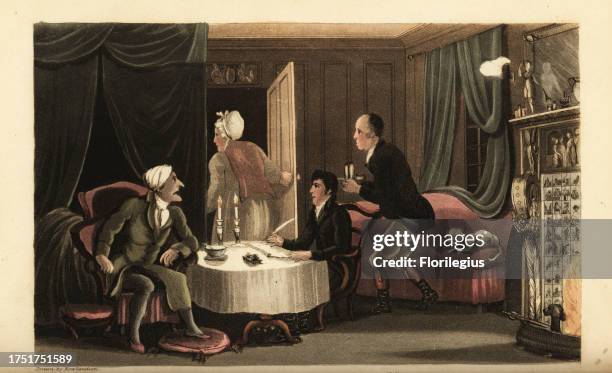 Regency parson writing a will with a lawyer in a room in an inn. Dr. Syntax making his will. Handcoloured copperplate engraving drawn and engraved by...