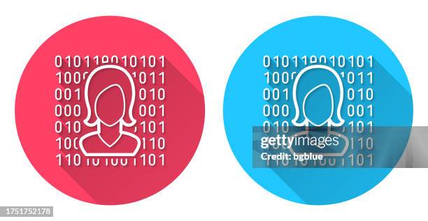 female face with binary code. round icon with long shadow on red or blue background - face recognition computer stock illustrations