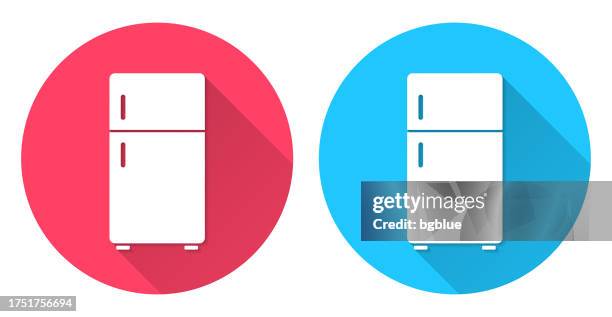 refrigerator. round icon with long shadow on red or blue background - red cooler stock illustrations