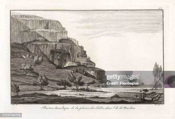 Basalt mass of prismatic columns on a plain of sand, Reunion Island. Bastion basaltique de la plaine des Sables, dans l'ile de Bourbon. After a...