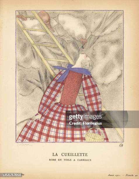 Woman in check dress with blue linen kerchief, leaning back to receive a cherry from a figure on a ladder in smoke. La cueillette. Robe en toile a...