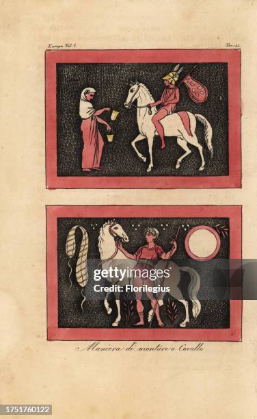 Ancient Greek method of riding a horse bareback. A young man returns with a chlamys on his lance to a woman offering drinks to both man and horse and...