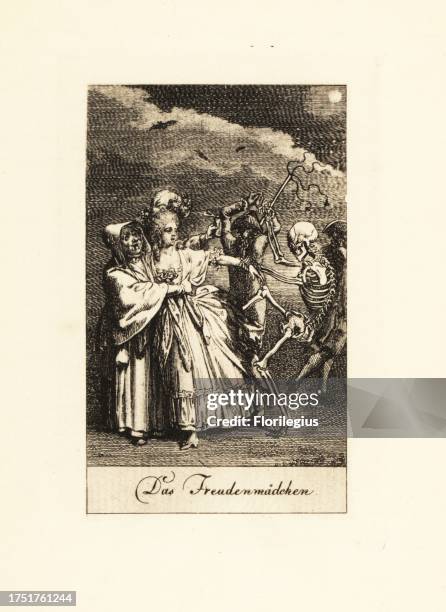 The skeleton of Death whips a prostitute with a cat-o-nine-tails. Her madam protects her while a customer flees. The Prostitute. Die Freudenmadchen....