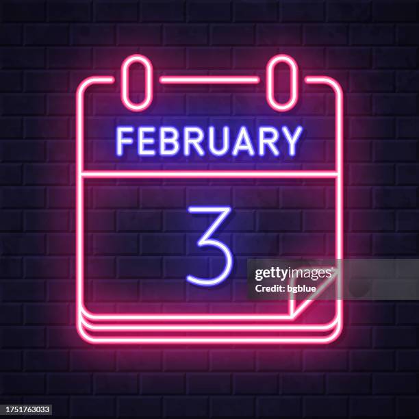 february 3. glowing neon icon on brick wall background - evening routine stock illustrations