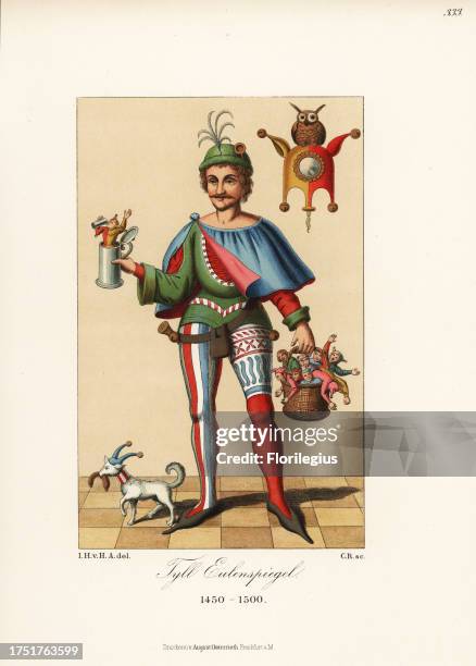 Tyll Eulenspiegel, 15th century German chapbook hero and scatological prankster. In colorful doublet, cape and hose, with basket and tankard of...