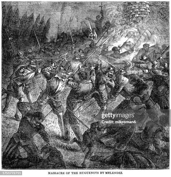 old engraved illustration of e massacre at matanzas inlet, the mass killing of french huguenots by spanish royal army troops near the matanzas inlet in 1565 - crime punishment stock pictures, royalty-free photos & images