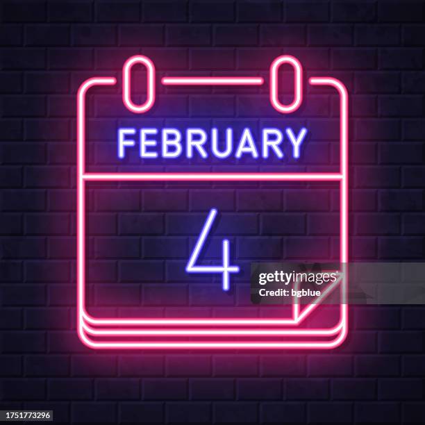 february 4. glowing neon icon on brick wall background - fourth wall stock illustrations