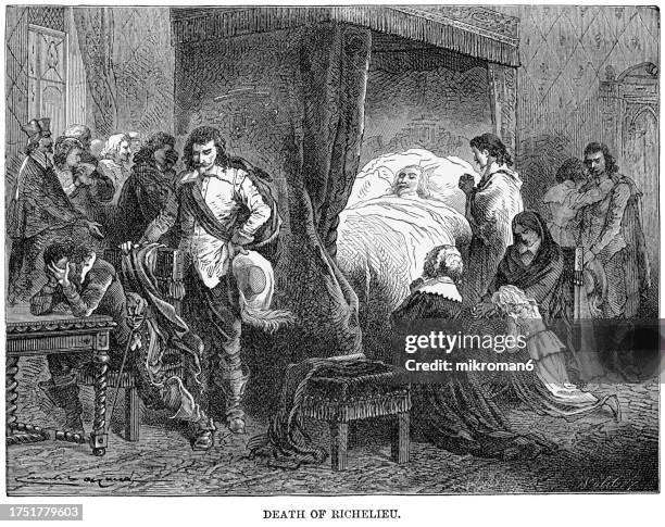 old engraved illustration of death of cardinal richelieu (cardinal armand jean du plessis, duke of richelieu) - bad politician stock pictures, royalty-free photos & images