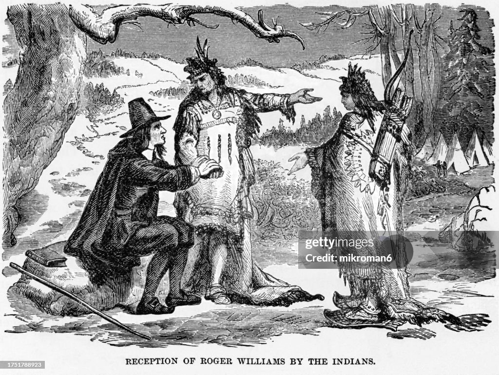 Old engraved illustration of reception of Roger William (an English-born New England Puritan minister, theologian) by the Indians