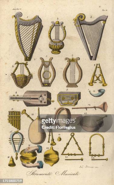 Musical instruments of the ancient Hebrews. Harp, lyres, flute, psaltery, organ, horn, panpipes, bagpipes, drum, trumpet, bell, sistrum, triangle,...