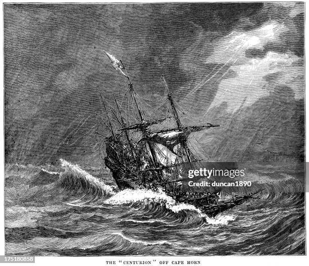 hms centurion off cape horn - cape horn stock illustrations