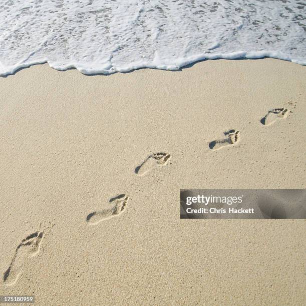 USA, Massachusetts, Nantucket, Footprints on Sandy Beach leading into sea