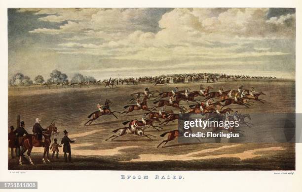 Horses and jockeys racing at Epsom racecourse, 1830s. And they��’re off! Group of thoroughbred horses galloping across a field. Color print after an...