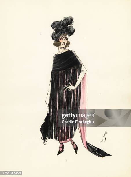 Woman in Domino fancy dress costume of red crepe satin with black silk fringe, holding a large plumed Domino mask. Domino en crepe satin rouge et...