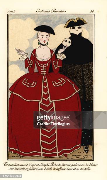 Fancy dress costumes by Longhi. Woman in damask dress trimmed with white, cape of black taffeta and lace. Travestissements d’apres Longhi: robe de...
