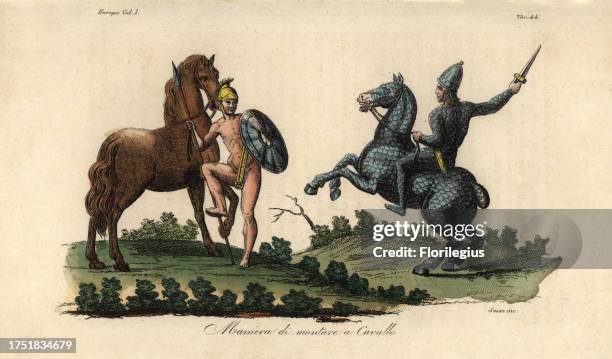 Ancient Greek method of mounting and riding a horse bareback. A cavalry man mounts a horse by holding lance and bridle in his right hand, and placing...