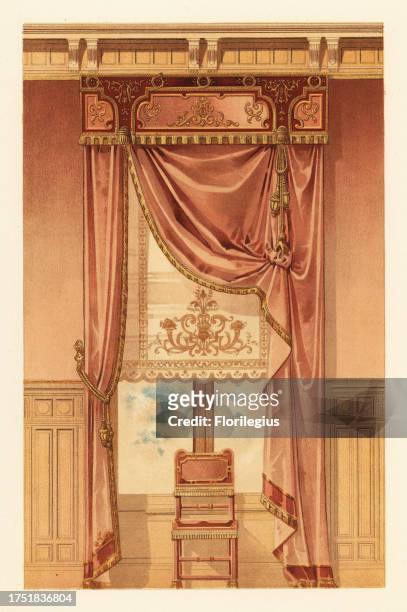 Renaissance-style wall hanging, circa 1900. Satin lambrequin, velvet curtains, satin drapes, in front of a window. Planche 9. Croisee Genre...