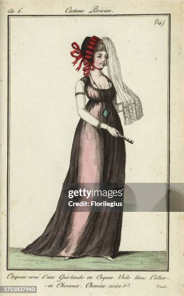 Fashionable women at Tivoli Gardens, 1798. Hat ornamented with a garland of shells and white lace veil. Hairwork necklace with large pendant, black...
