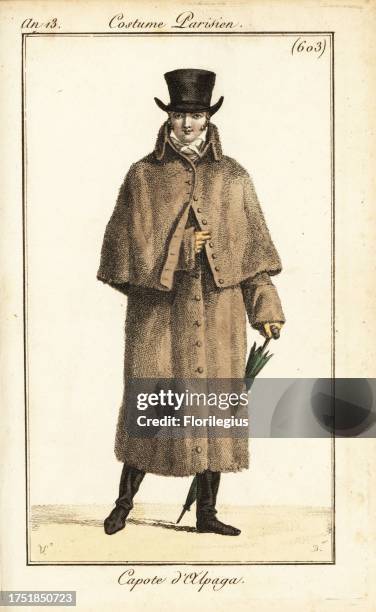 French dandy in alpaca fleece carrick coat. He wears a top hat and holds an umbrella. Capote d'alpaga. Handcoloured copperplate engraving by...