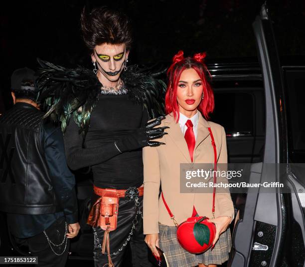 Machine Gun Kelly and Megan Fox are seen arriving to Vas Morgan and Michael Braun's Halloween Party on October 28, 2023 in Los Angeles, California.