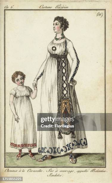 Woman and child with Caracalla haircuts, 1798. She wears her hair in the Caracalla-style, a curly version of the Victim cut. A needle-work bag named...